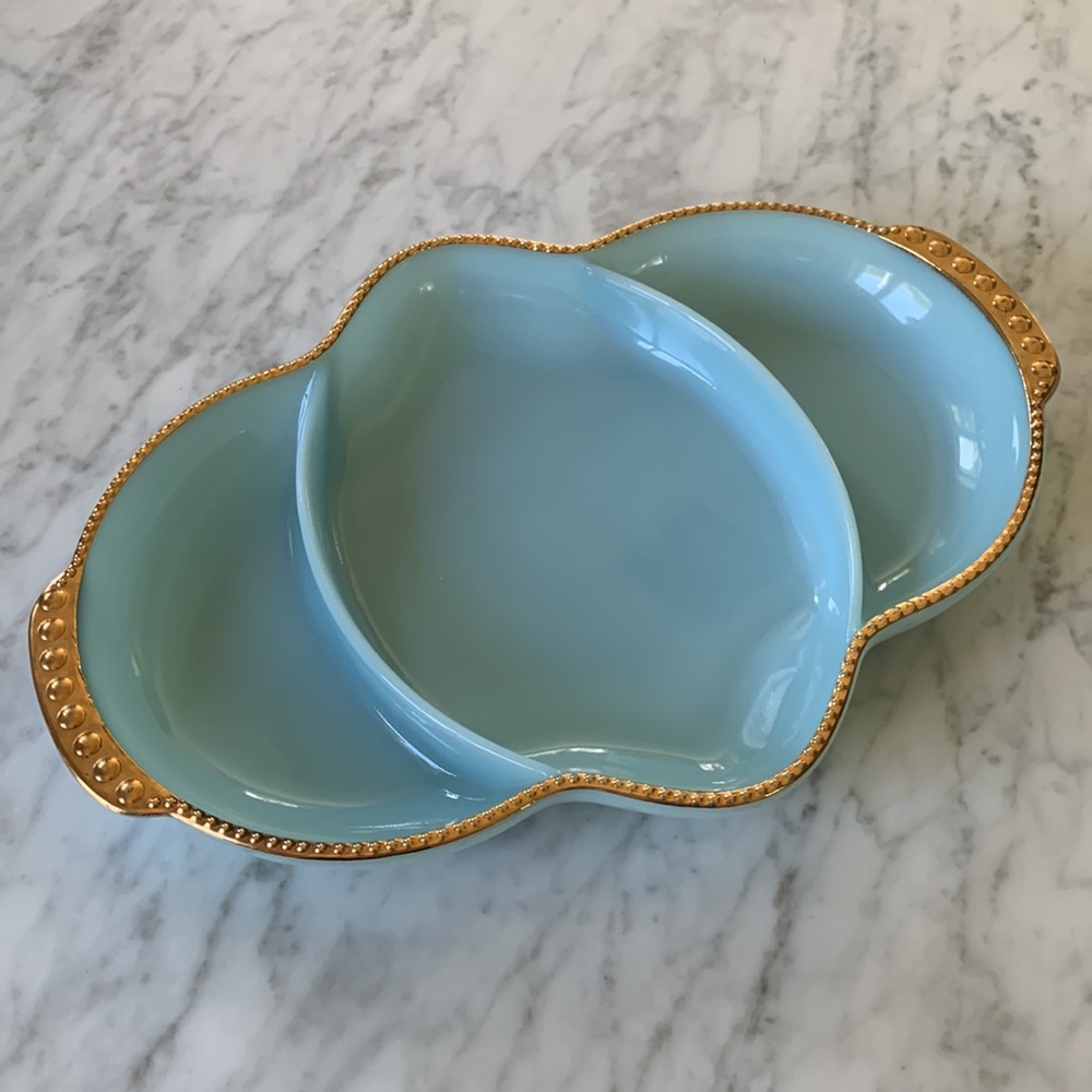Individual Fire King turquoise divided platter
